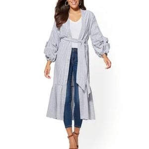 NWT NY&Co Long Ruched Sleeve Kimono Blue Striped